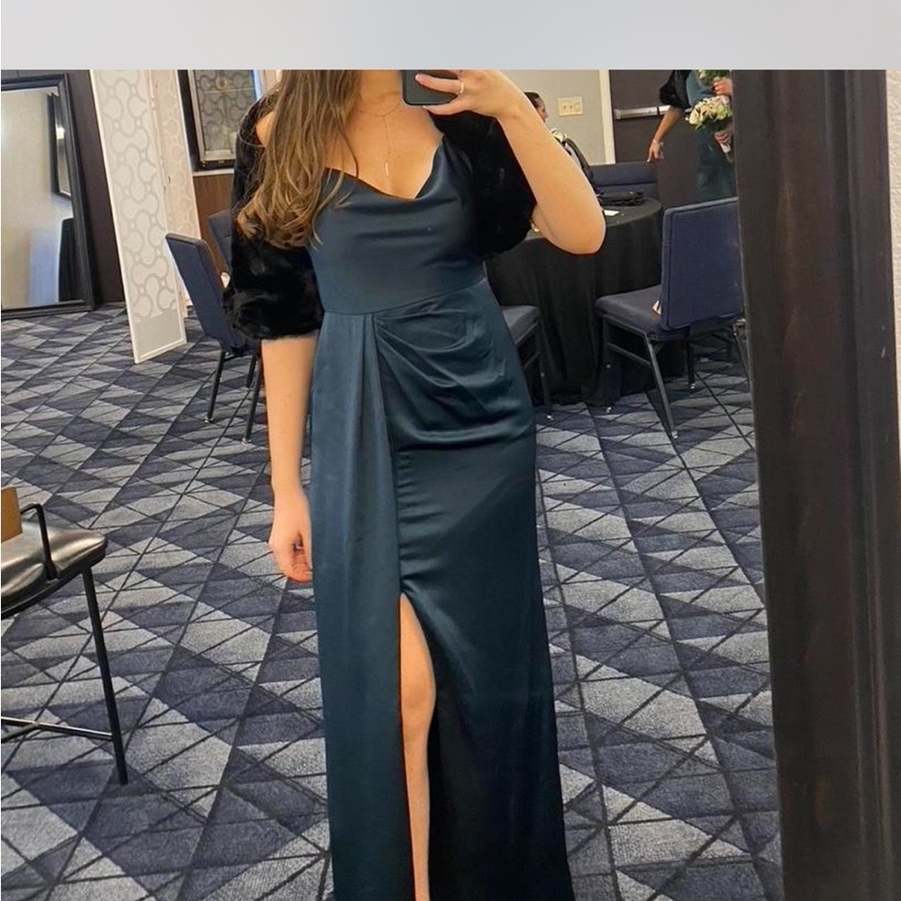 Dessy Collection evergreen cowl neck Satin Maxi Dress with Front Slit